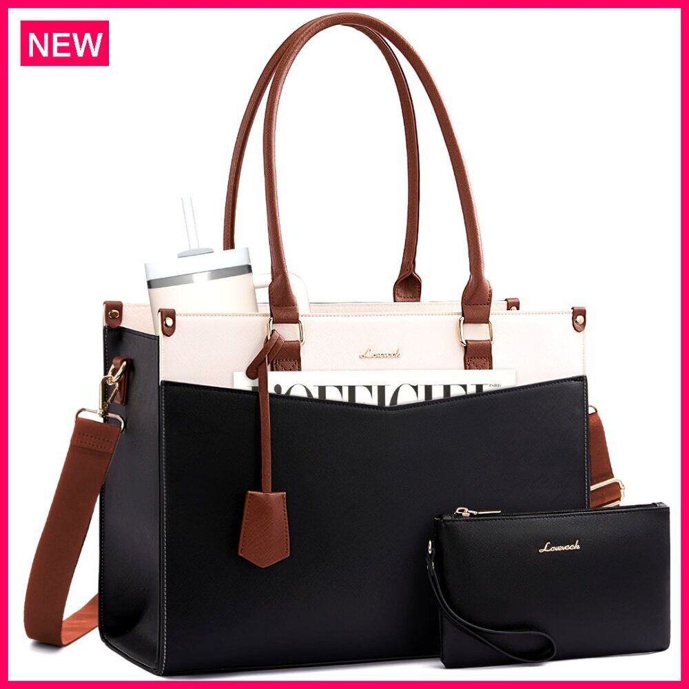 Leather Laptop Tote Bag With Removable Clutch, Water Bottle Pocket, 15.6 Inch